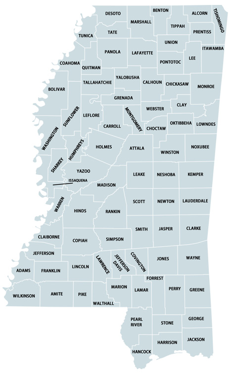 Map of Mississippi counties served by Mississippi Bonding Company